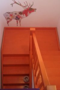 Schody Bystrý smrkové schody do U realizace oranžový lak shora